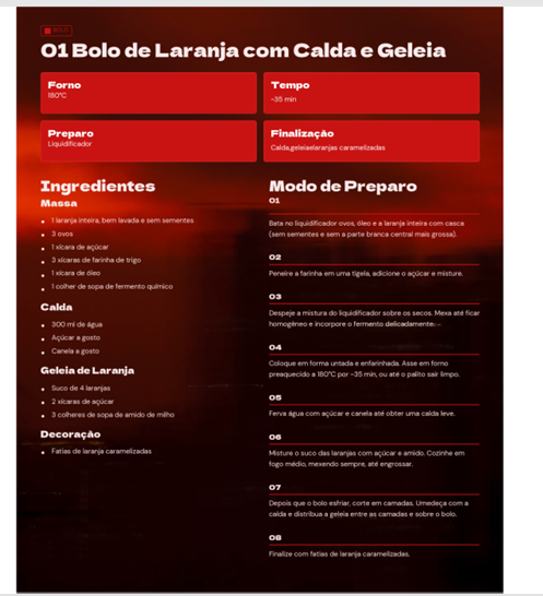 Página da receita de bolo de laranja com calda e geleia